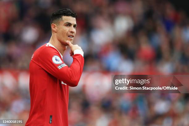 Cristiano Ronaldo of Manchester United looks on during the Premier League match between Manchester United and Norwich City at Old Trafford on April...