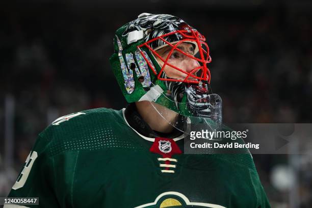 Marc-Andre Fleury of the Minnesota Wild looks on against the San Jose Sharks in the first period of the game at Xcel Energy Center on April 17, 2022...