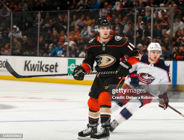 Troy Terry of the Anaheim Ducks and Brendan Gaunce of the Columbus Blue Jackets battle for position during the first period at Honda Center on April...