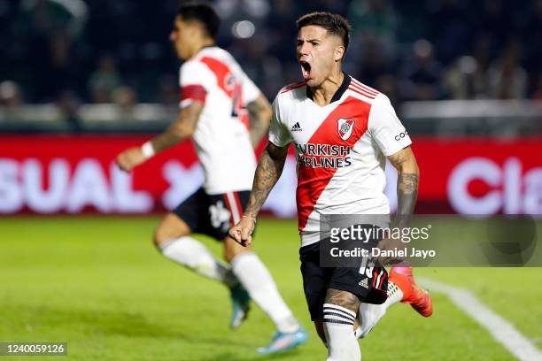 Enzo Fernandez of River Plate celebrates after scoring the first goal of his team during a match between Banfield and River Plate as part of Copa de...