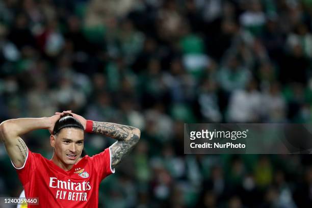 Darwin Nunez of SL Benfica reacts during the Portuguese League football match between Sporting CP and SL Benfica at Jose Alvalade stadium in Lisbon,...
