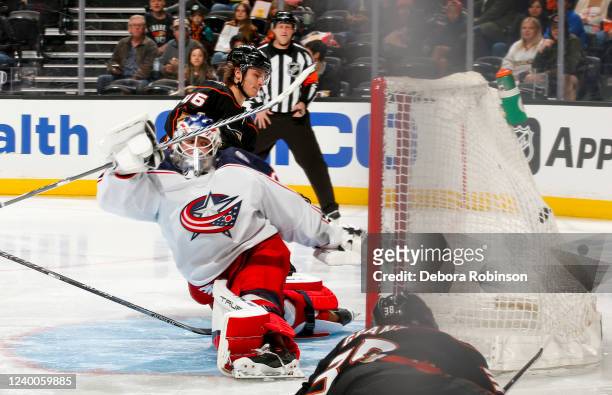 Trevor Zegras of the Anaheim Ducks shoots and scores a goal during the third period against the Columbus Blue Jackets at Honda Center on April 17,...