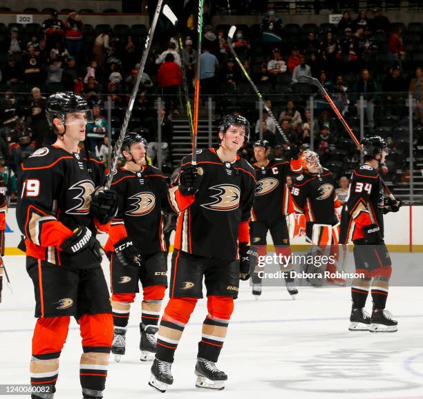 Anaheim Ducks celebrate their victory against the Columbus Blue Jackets at Honda Center on April 17, 2022 in Anaheim, California.