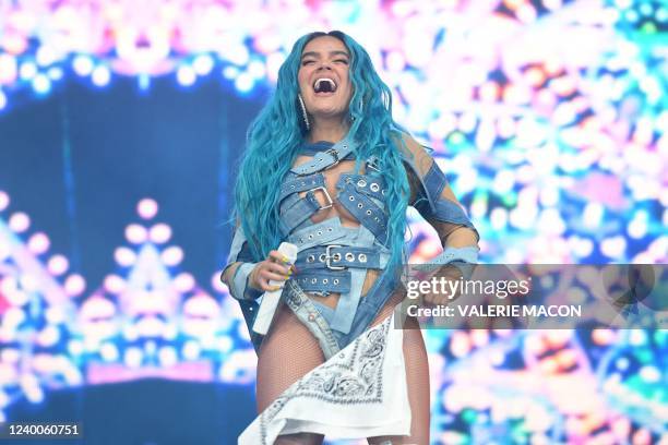 Colombian singer Karol G performs onstage at the Coachella Valley Music and Arts Festival in Indio, California, on April 17, 2022.