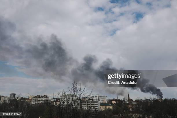 Smoke rises after 5 aimed missile strikes hit Lviv, Ukraine on April 18, 2022.