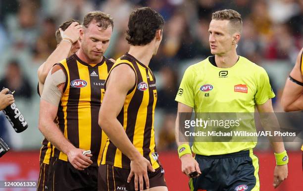 Tom Mitchell of the Hawks speaks with AFL Field Umpire, Hayden Gavine after a 50 metre penalty was awarded to Geelong during the 2022 AFL Round 05...