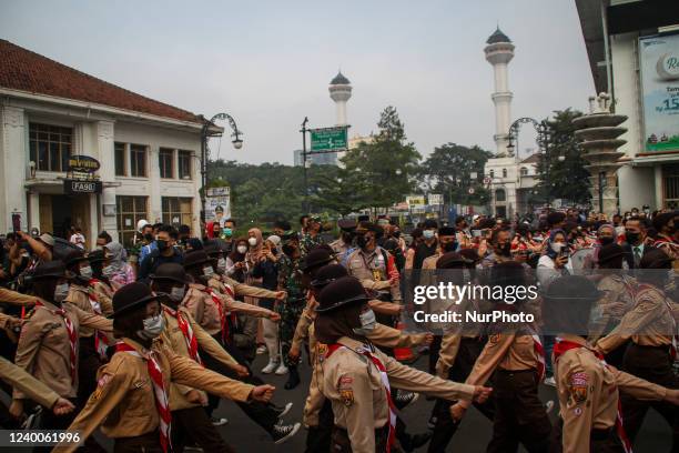 Scout members march during the 67th anniversary of the Asian African Conference on April 18 at Gedung Merdeka, Bandung, West Java. The Museum of the...