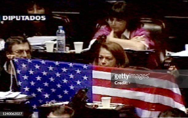 This image taken from the Argentinian television shows Alicia Castro, with a United States flag during a hearing of the Quiebras law, in Buenos...