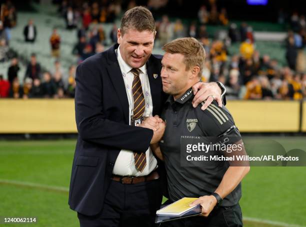 Hawks CEO Justin Reeves and Sam Mitchell, Senior Coach of the Hawks celebrate during the 2022 AFL Round 05 match between the Hawthorn Hawks and the...