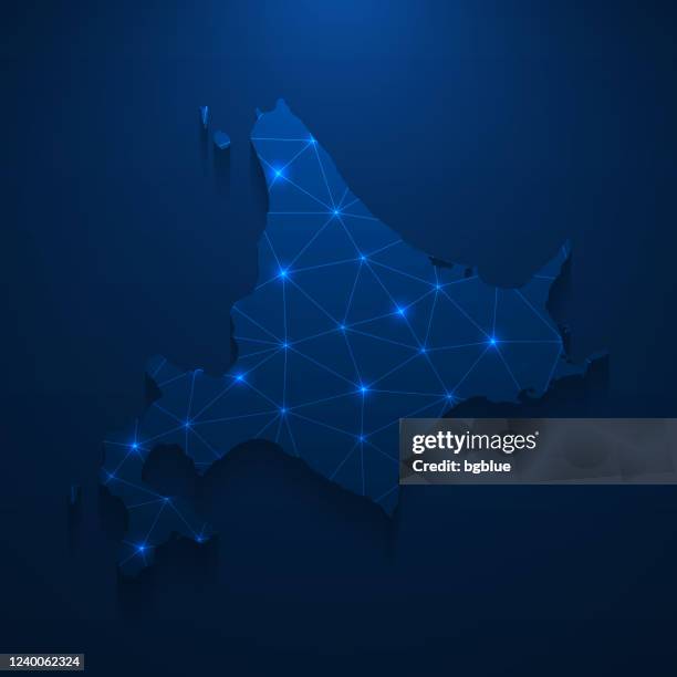 hokkaido map network - bright mesh on dark blue background - hokkaido map stock illustrations