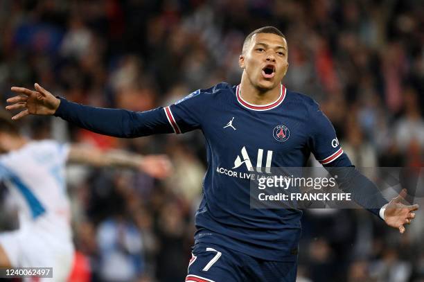 Paris Saint-Germain's French forward Kylian Mbappe celebrates his goal during the French L1 football match between Paris-Saint Germain and Olympique...