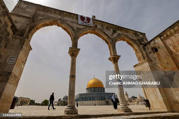 General view shows the Dome of Rock mosque in Jerusalem's flashpoint Al-Aqsa Mosque compound on April 18, 2022.
