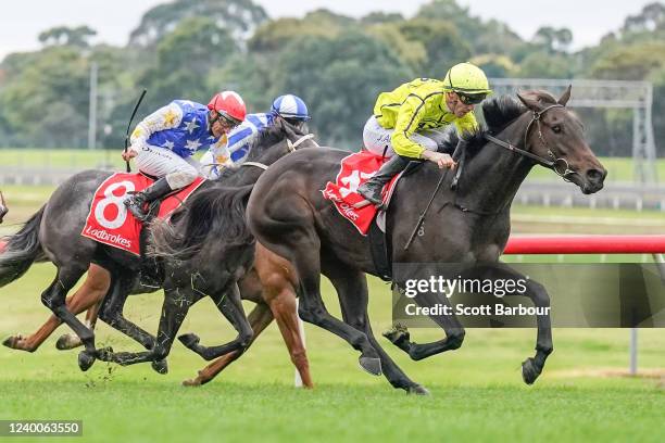 Detonator Jack ridden by John Allen wins the Ladbrokes Mega Multi Handicap at Ladbrokes Park Lakeside Racecourse on April 18, 2022 in Springvale,...