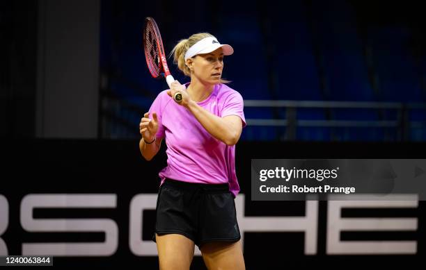 Angelique Kerber of Germany in action during practice on Day 1 of the Porsche Tennis Grand Prix Stuttgart 2022 at Porsche Arena on April 18, 2022 in...