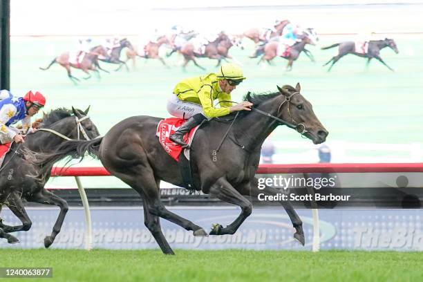 Detonator Jack ridden by John Allen wins the Ladbrokes Mega Multi Handicap at Ladbrokes Park Lakeside Racecourse on April 18, 2022 in Springvale,...