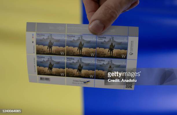 Photo shows a set of postage stamps commemorating the Snake Island incident, at the main post office in Kyiv, Ukraine on April 18, 2022. The stamp...