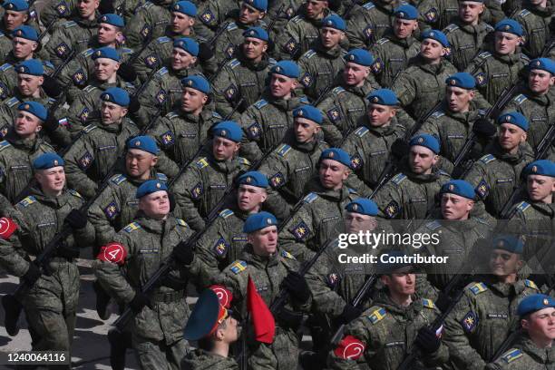 Russian paratroopers during the rehearsals for the Victory Day Military Parade at the polygon, on April 18, 2022 in Alabino, outside of Moscow,...