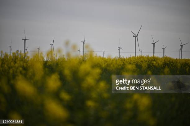 Photograph taken on April 18, 2022 shows wind turbines at the Little Cheyne Court Wind Farm, in Romney Marsh, south east England. - Little Cheyne...