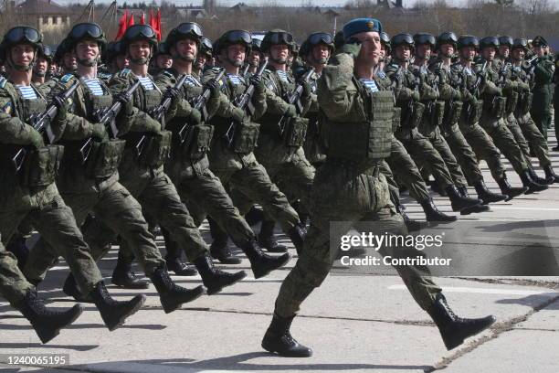 Russian paratroopers during the rehearsals for the Victory Day Military Parade at the polygon, on April 18, 2022 in Alabino, outside of Moscow,...