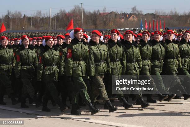 Russian military cadets during the rehearsals for the Victory Day Military Parade at the polygon, on April 18, 2022 in Alabino, outside of Moscow,...