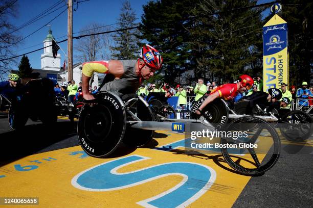 Hopkinton, MA The start of the mens wheelchair race during the 126th Boston Marathon in Hopkinton, MA on April 18, 2022.