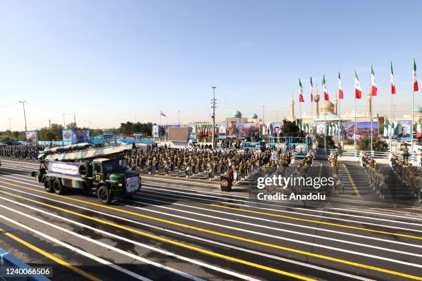 Military parade held to mark the National Army Day in Tehran, Iran on April 18, 2022. Military parades by units of Iranian land, air, naval and...