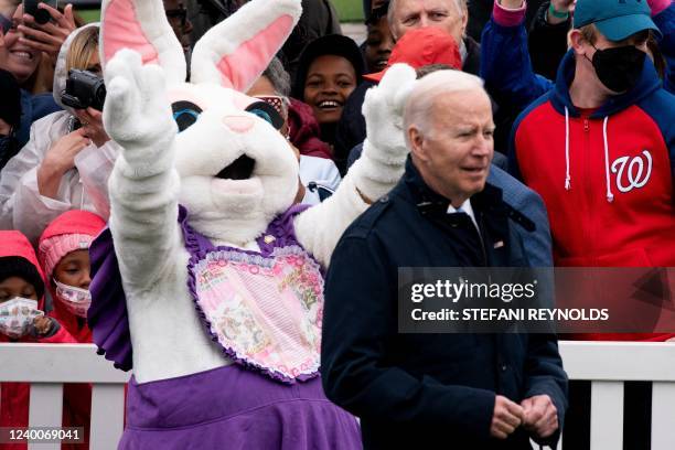 The Easter Bunny gestures to President Joe Biden during the annual Easter egg roll on the South Lawn of the White House in Washington, DC, on April...