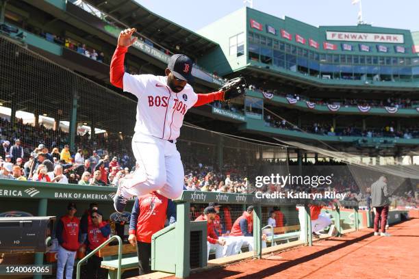 Jackie Bradley Jr. #19 of the Boston Red Sox runs out onto the field prior to the start of the game against the Minnesota Twins at Fenway Park on...