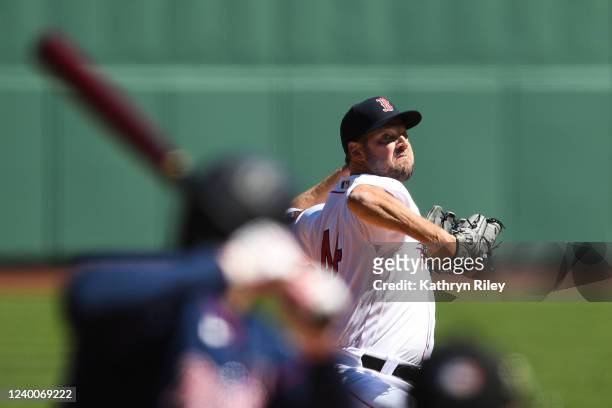 Rich Hill of the Boston Red Sox pitches in the first inning against the Minnesota Twins at Fenway Park on April 18, 2022 in Boston, Massachusetts.