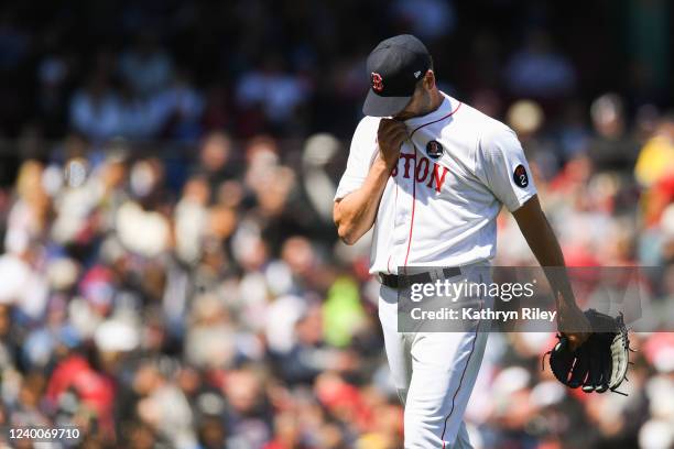 Rich Hill of the Boston Red Sox exits the game in the fifth inning against the Minnesota Twins at Fenway Park on April 18, 2022 in Boston,...