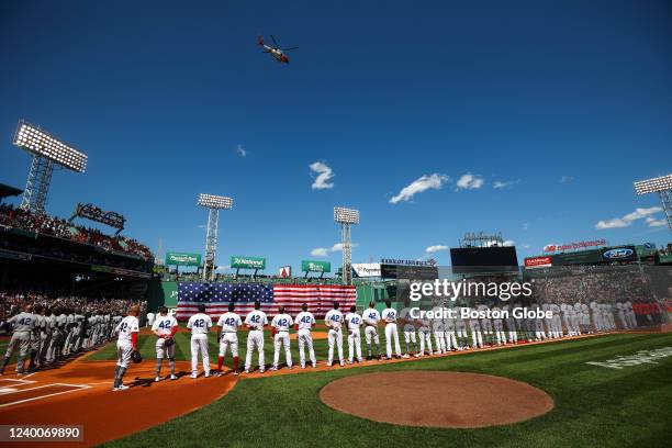 Opening day ceremonies. The Boston Red Sox host the Minnesota Twins on April 15, 2022 in their season home opener at Fenway Park in Boston, MA.