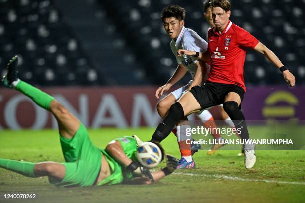 Japans Urawa Reds Kasper Junker reacts as Chinas Shandong Taishan Cao Zheng smothers the ball during the AFC Champions League Group F football match...