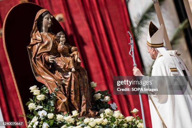 Pope Francis pays homage to the Virgin Mary before leaving St. Peter's Square after the the Holy Easter Mass Pope Francis leads the Holy Easter Mass...