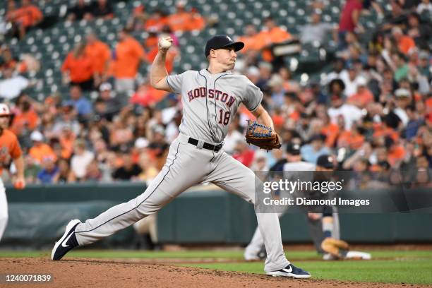 Aaron Sanchez of the Houston Astros throws a pitch during the second inning against the Baltimore Orioles at Oriole Park at Camden Yards on August...