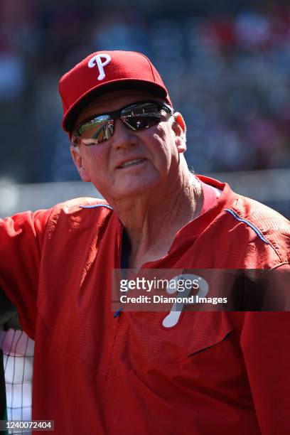 Hitting coach Charlie Manuel of the Philadelphia Phillies looks on prior to game one of a doubleheader against the Washington Nationals at Nationals...