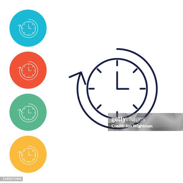 changing time thin line icons on coloured circles - time icon editable stock illustrations