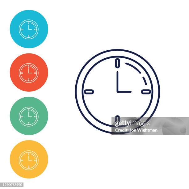 ilustrações de stock, clip art, desenhos animados e ícones de wall clock time thin line icons on coloured circles - relógio de parede