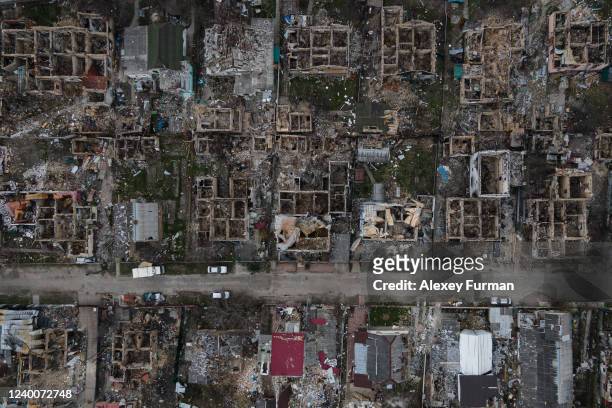 Destroyed houses on April 18, 2022 in Irpin, Ukraine.