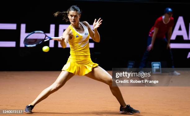 Chloe Paquet of France in action against Liudmila Samsonova of Russia in her first round match during Day 1 of the Porsche Tennis Grand Prix...