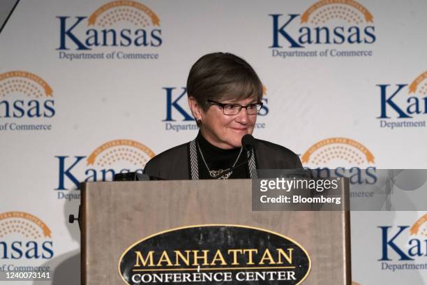 Laura Kelly, governor of Kansas, speaks during a news conference in Manhattan, Kansas, U.S., on Monday, April 18, 2022. Heat Biologics Inc. Announced...