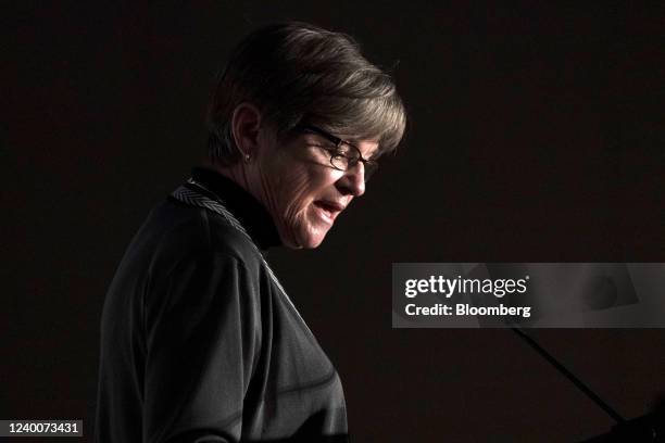 Laura Kelly, governor of Kansas, speaks during a news conference in Manhattan, Kansas, U.S., on Monday, April 18, 2022. Heat Biologics Inc. Announced...