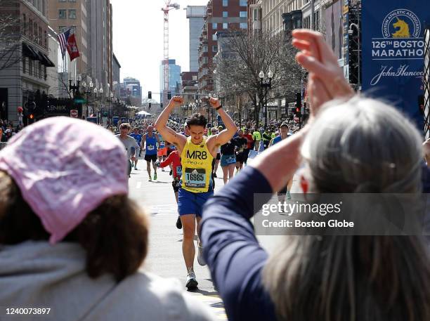 Boston, MA Jane Richard and her mother Denise cheer on Henry Richard as he crosses the finish line of the 126th Boston Marathon in Boston on April...