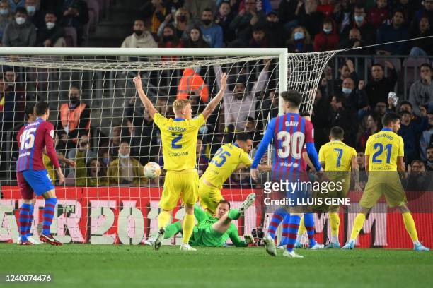 Cadiz's Spanish forward Lucas Perez celebrates after scoring a goal during the Spanish League football match between FC Barcelona and Cadiz CF at the...