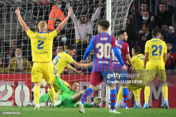 Cadiz's Spanish forward Lucas Perez celebrates after scoring a goal during the Spanish League football match between FC Barcelona and Cadiz CF at the...