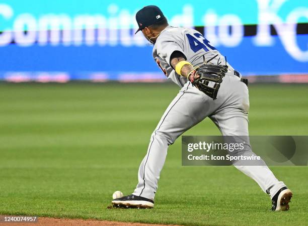 Detroit Tigers shortstop Harold Castro can't handle a hard hit ball for an error during a Major League Baseball game between the Detroit Tigers and...