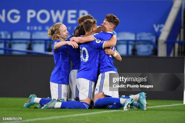 Chris Popov of Leicester City celebrates scoring the second goal for Leicester City with team mates during the Premier League 2 match between...