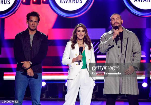 Rehearsals -- Pictured: Hosts Cristián de la Fuente, Jacqueline Bracamontes, and Rafael Amaya rehearse for the 2022 Latin American Music Awards at...