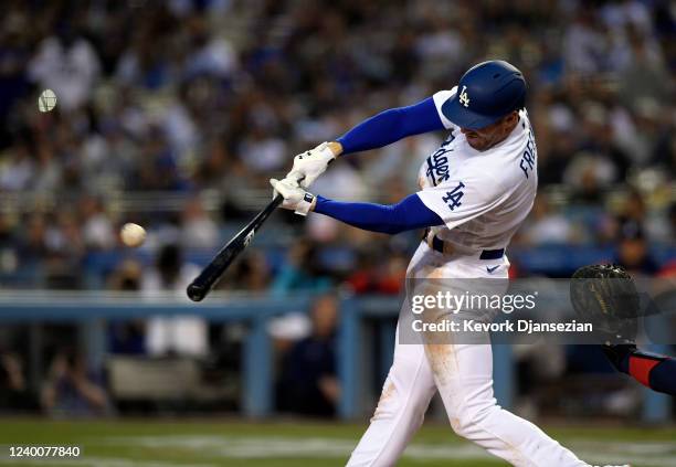 Freddie Freeman of the Los Angeles Dodgers hits a one run home run against starting pitcher Huascar Ynoa of the Atlanta Braves during the first...