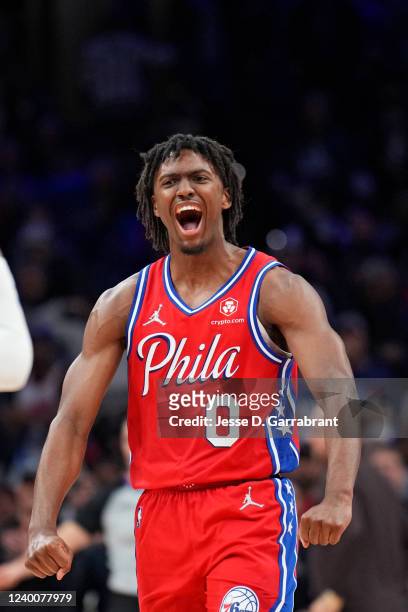Tyrese Maxey of the Philadelphia 76ers reacts during Round 1 Game 2 of the 2022 NBA Playoffs on April 18, 2022 at Wells Fargo Center in Philadelphia,...