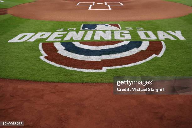 Detail view of Opening Day signage on the field at Minute Maid Park prior to the game between the Los Angeles Angels and the Houston Astros on...